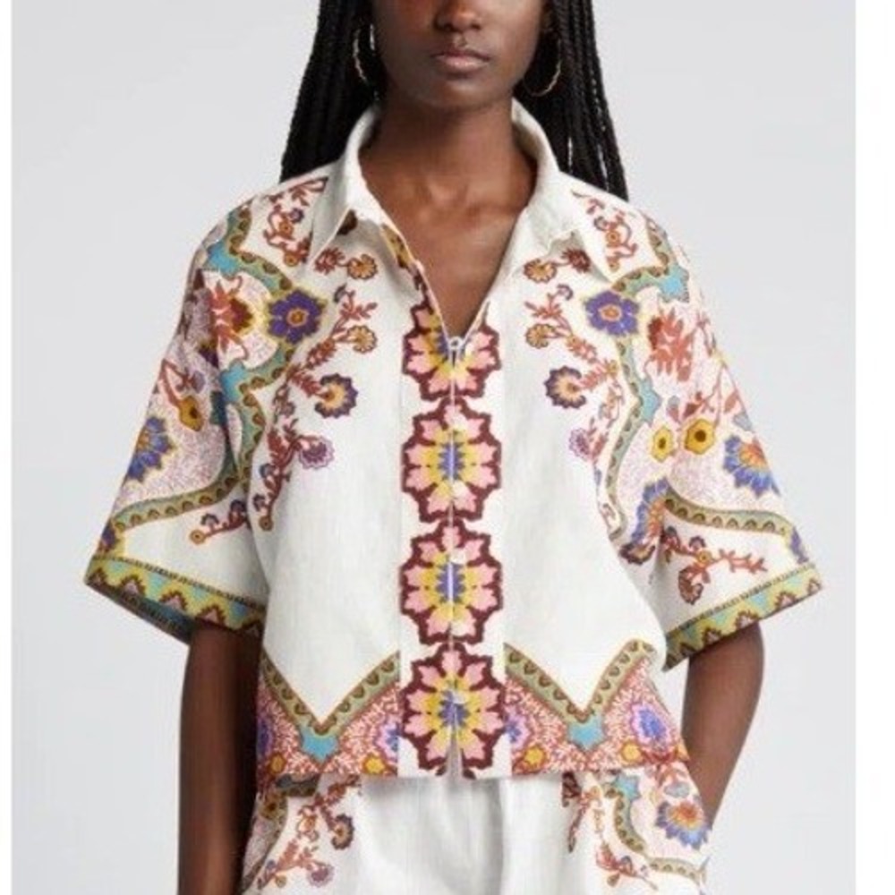 Cleobella Size M Jeni Blouse Top Lagos Print Button Down Cropped Boho Paisley - Picture 2 of 15